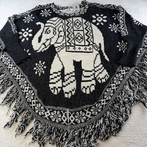 AZ Elephant Knit Fringe Poncho New Sweater Black White Boho P-1762